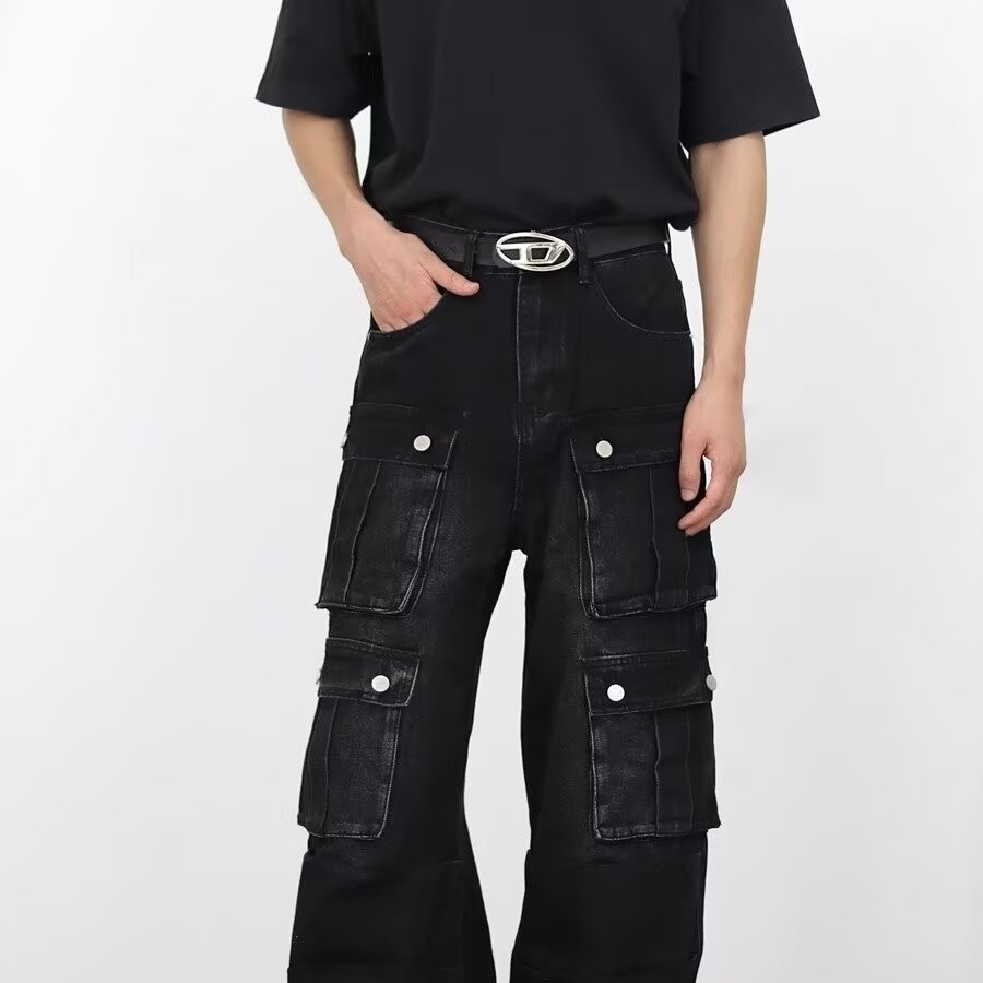 跨境美式复古水洗黑色工装牛仔裤男多口袋情侣宽松潮流阔腿裤子