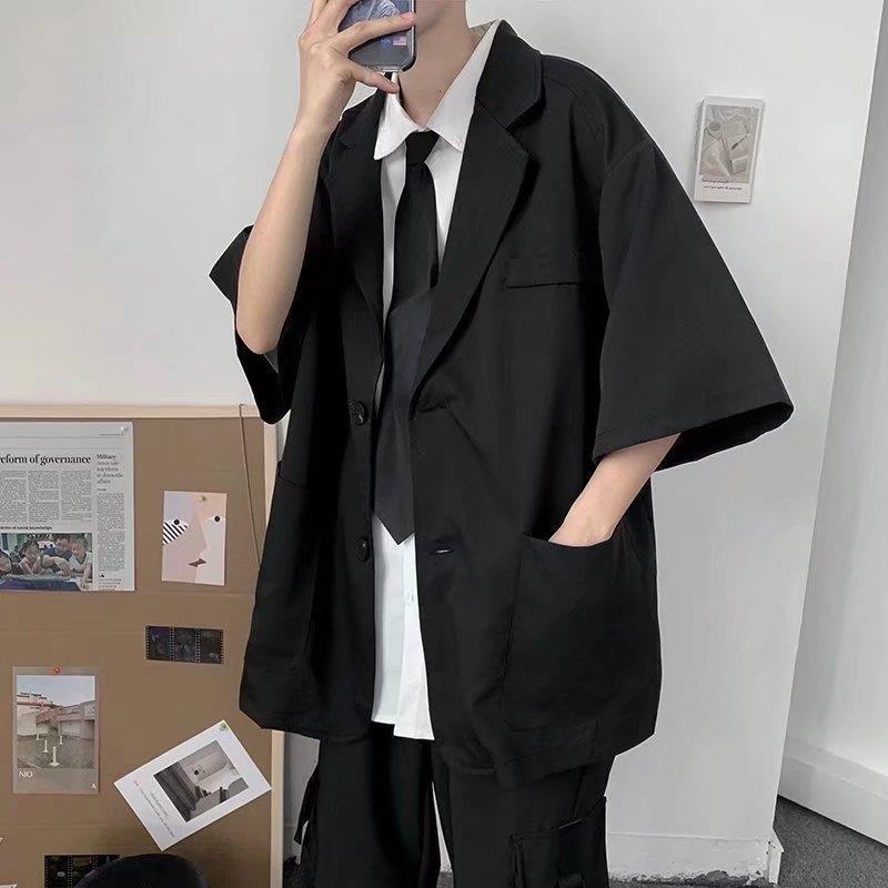 Traje casual de manga media de siete puntos de estilo maduro ligero de verano, chaqueta de traje pequeña suelta de moda para hombres, sentido delgado de alta gama