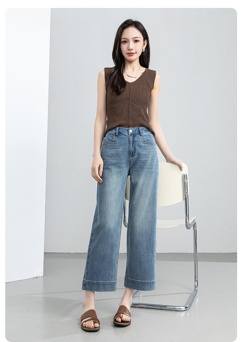 Quần jean nữ ống rộng cạp cao dáng suông mùa hè — Xanh da trờicolor chi tiết 23
