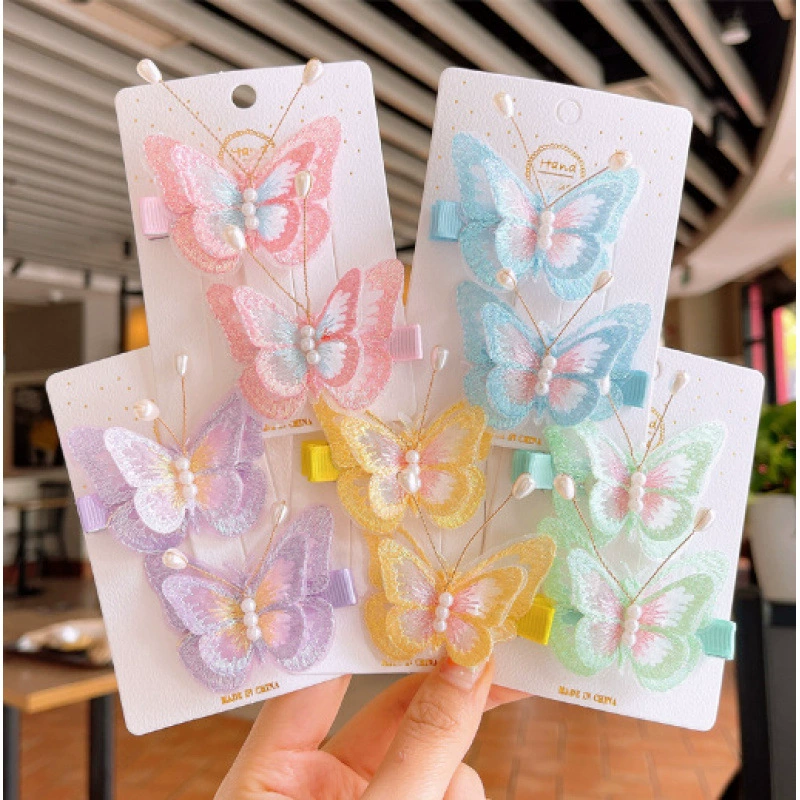 Детская двухслойная заколка для волос в корейском стиле с вышивкой бабочки для девочек, милая заколка в виде утконоса для молодых девушек, боковая заколка для вьющихся волос, аксессуар для волос в древнем стиле.