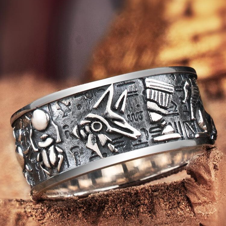 Plain Silver Embossed Egyptian Gods Horus Anubis Retro Silver Ring Trendy Men's Ring Single Tail Ring Index Finger