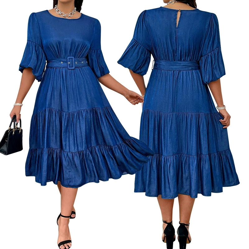 218622 Трансграничное женское платье с пышными рукавами и круглым вырезом, новое модное джинсовое платье, прямая продажа с фабрики