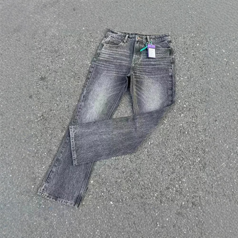 2025 Cross-Border Black and Gray Marble Washed Bootcut Jeans Clean Fit Style Retro Pants Trend