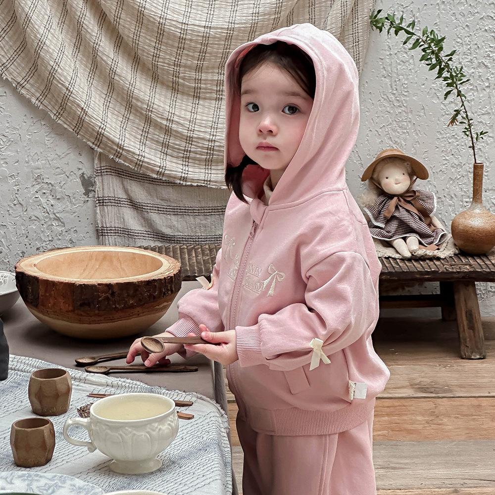 Ropa de bebé ropa de otoño bebé de dos piezas con lazo decoración cremallera chaqueta con capucha traje de pantalón traje de niña