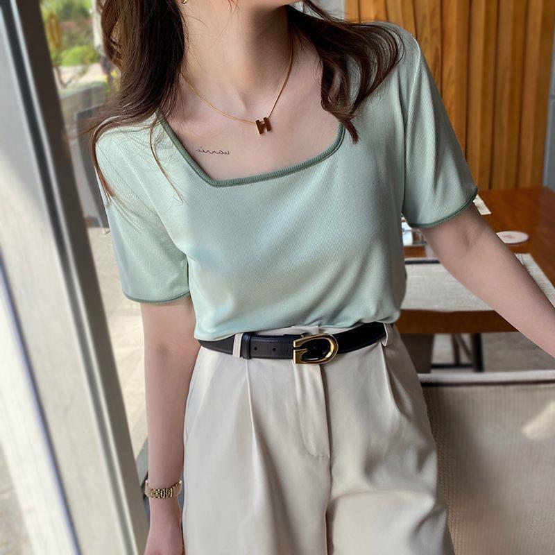 chubby girl oversize 300kg square collar short sleeve T-shirt women's summer U-collar contrast color meat slim shoulder ice silk shirt jacket
