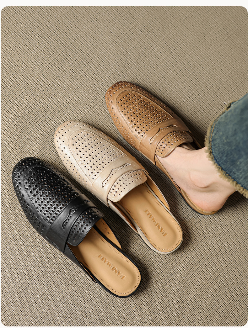 Giày mule nữ da bò mũi vuông hở gót đế bằng — đen chi tiết 7