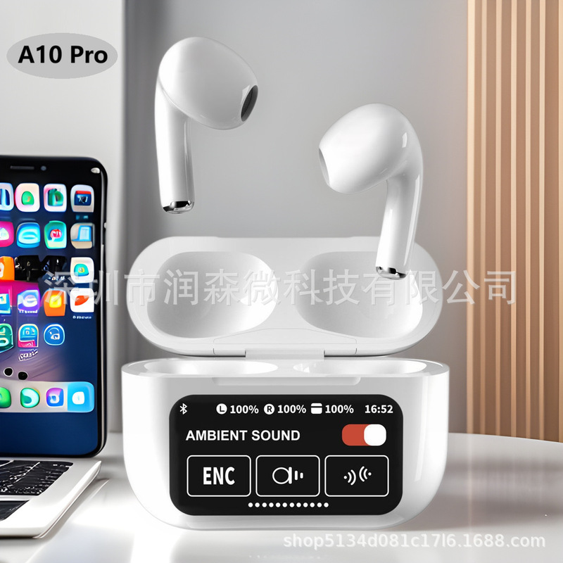 Cross-Border Fifth Generation A10Pro Bluetooth Headset Enc Noise Reduction Long Battery Life with Color Screen Suitable for Apple Tws Wireless Headset