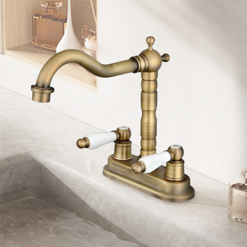 Direct selling brass antique double hole white ceramic double handle basin faucet sitting Basin kitchen sink faucet