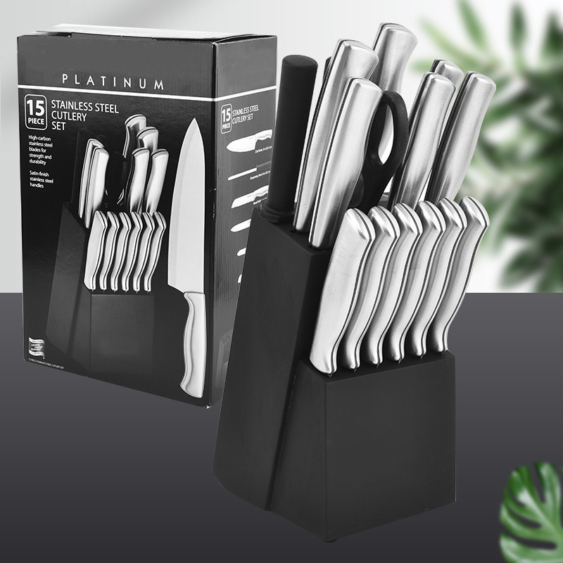 Multi-funcional de acero inoxidable de 14 piezas conjunto de combinación tijeras de afilar palo cuchillo de chef combinación cuchillo traje