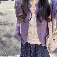 2025新款开春韩系穿搭紫色气质毛衣外套上衣女温柔减龄针织开衫