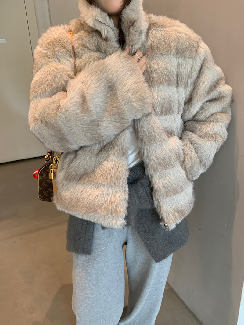 实拍 复古仿貂毛柔雾渐层宽松加厚夹棉毛毛皮草外套短款上衣