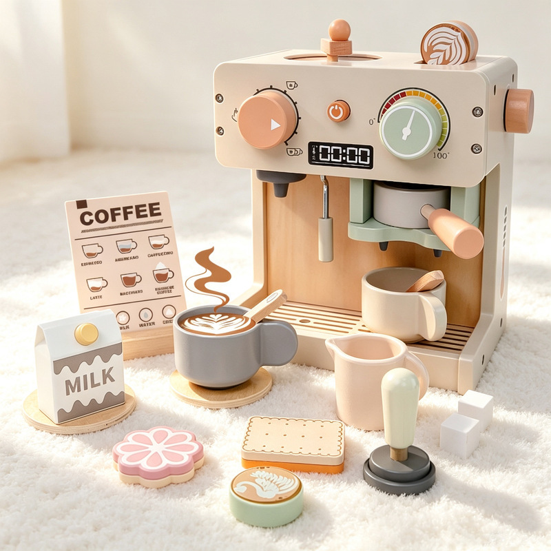 Wooden Simulation Coffee Machine for Children's Role Play, Parent-Child Interaction, Italian Coffee Making, Afternoon Tea Coffee Toy