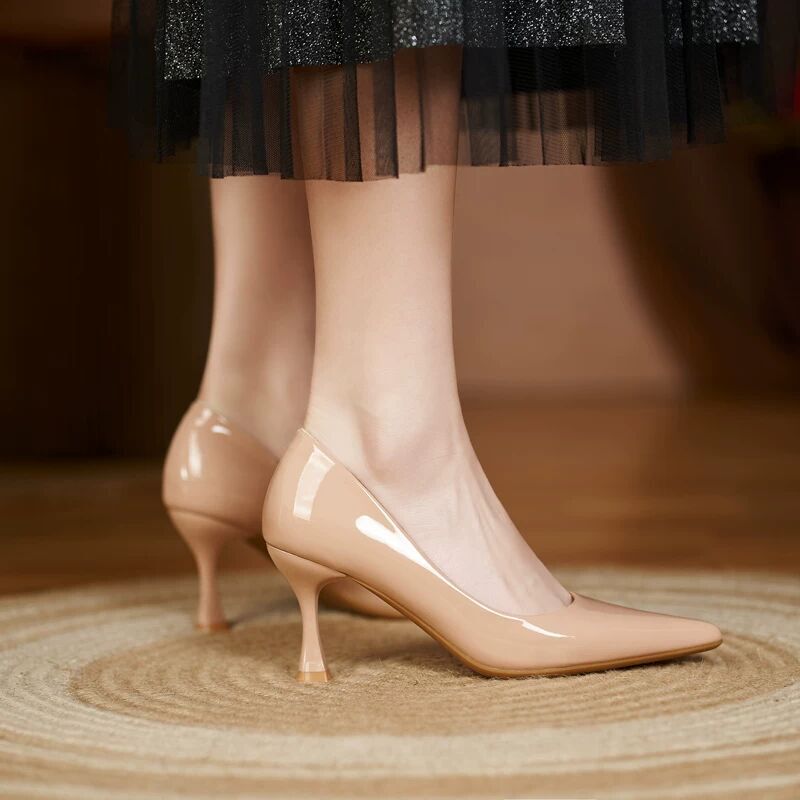 Nude High-Heeled Shoes for Women with Thin Heels 2026 Spring and Autumn New Patent Leather Pointed-Toe Shoes with Skirts Professional Work Shoes