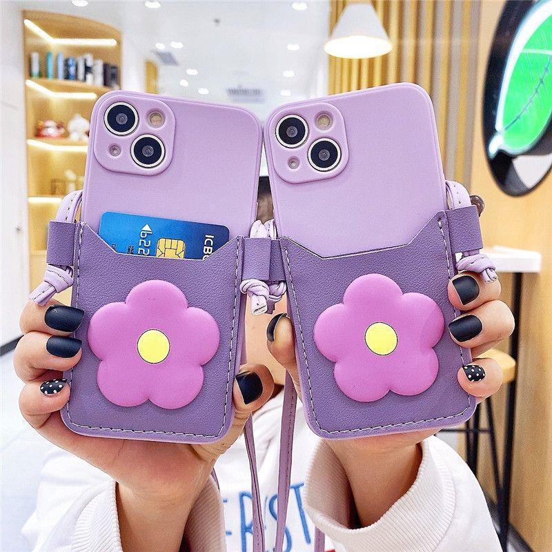 16 Cute 14Pro Flower Card Holder X Compatible with Apple 13 17 Iphone16Promax Crossbody 11 Strap 15