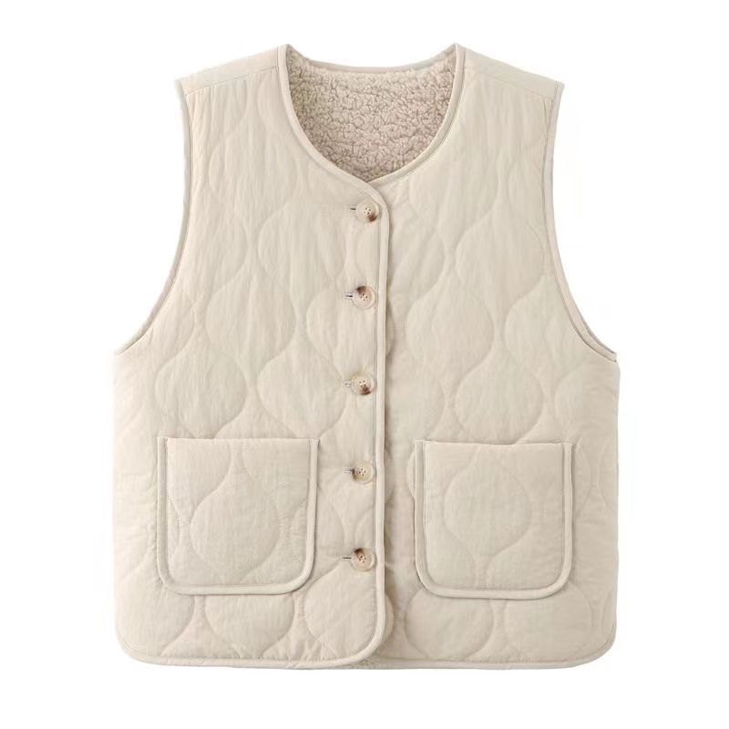 Autumn and Winter New Quilted Lamb Wool Warm Large Pocket Vest Women's Practical Outer Design Vest Jacket