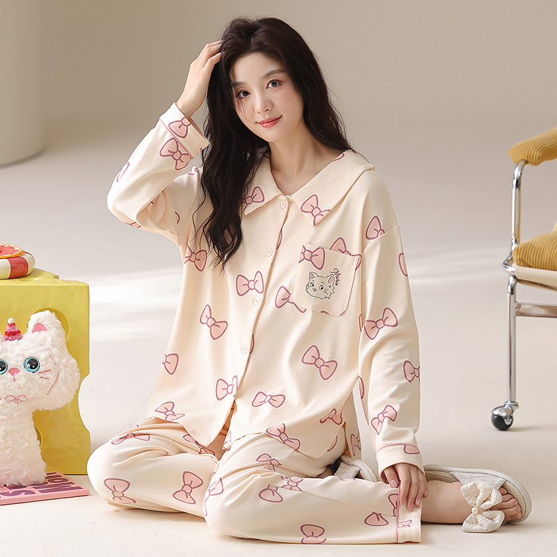 [Algodón puro] 40 pijamas de doble cara para mujer, primavera, otoño e invierno, nuevo estilo de manga larga con almohadilla para el pecho, traje de servicio a domicilio que se puede usar afuera