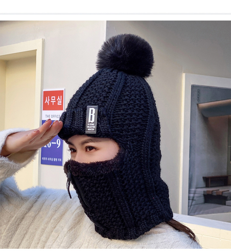 New Winter Knitted Korean Edition Plush Pullover Ear Protection Women's Cycling Woolen Zipper Neck Warm Hat_voghion.com