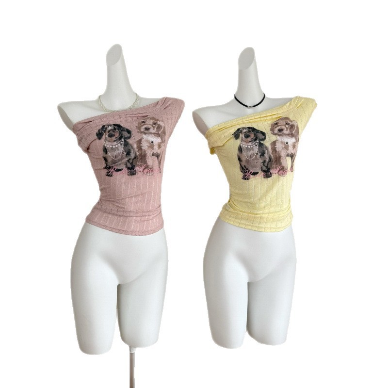 プリント夏の子犬オフショルダー半袖Tシャツスリムオフショルダーホットガールトップインホットガールショートスリム|undefined