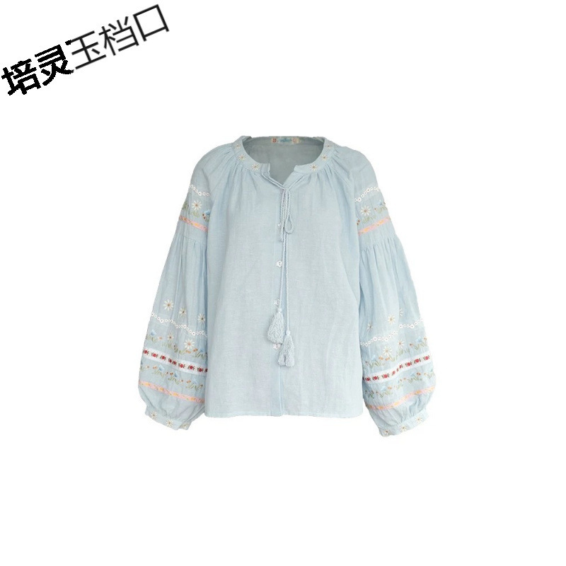 古着商店"蜂蜜雏菊"复古亚麻棉长袖衬衫女春宽松刺绣灯笼袖上衣|undefined