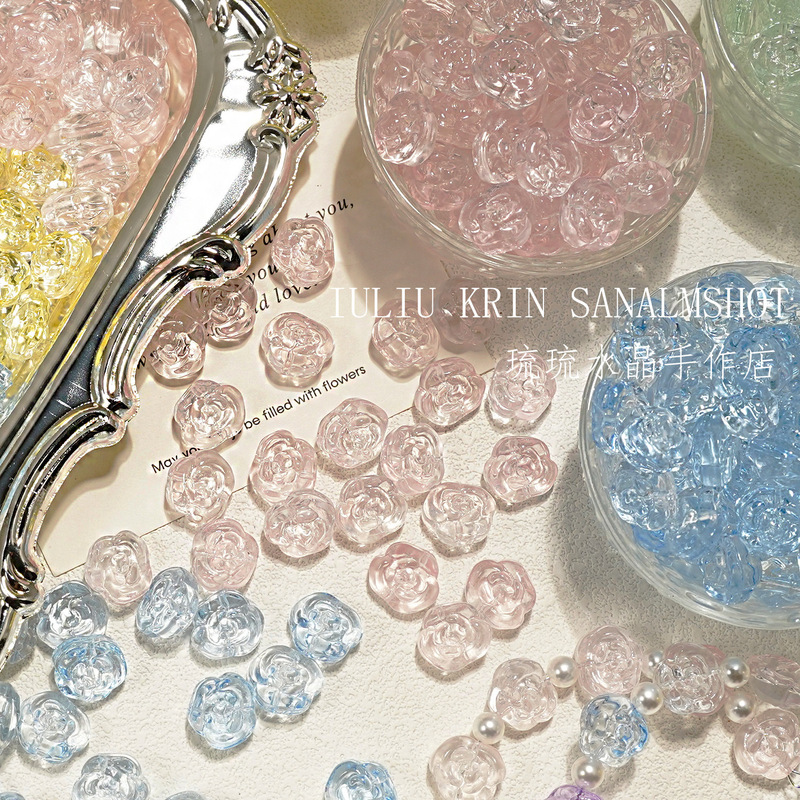 12mm Ice Transparent Camellia Flower Smudged Glass Loose Beads Handmade DIY Hand Bracelet Material Jewelry Accessories