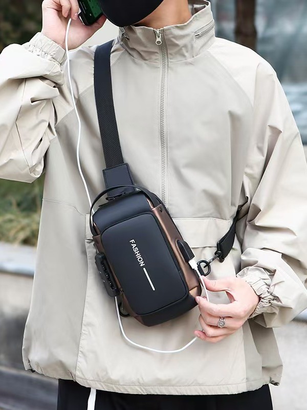 Bolso de pecho con bloqueo de contraseña, película de cuero antirrobo, puerto de carga USB impermeable, bolso multifuncional deportivo para motocicleta, bandolera para hombro