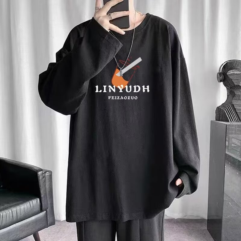 Long-Sleeved T-Shirt for Men, Simple Printed Loose-Fitting Spring, Autumn, and Winter Style, Round-Neck, Suitable for Junior High School Students, Couple's Inner Wear Base Shirt