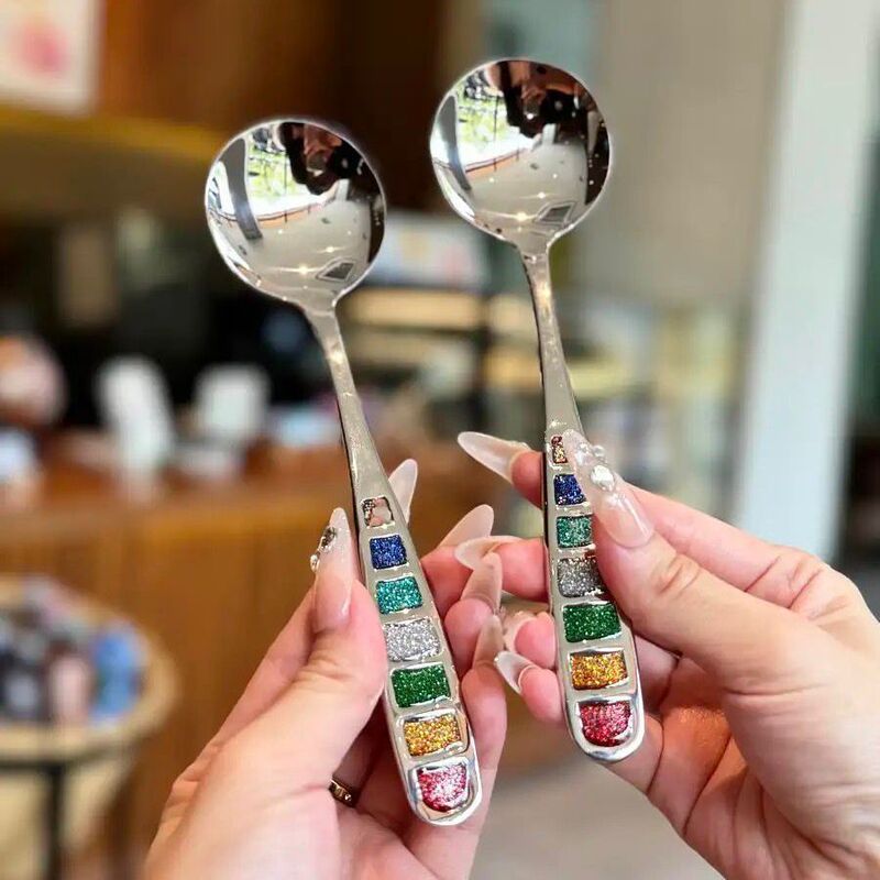 304 Enamel Decorative Spoon Stainless Steel Thickeneded Household High-End Round Spoon Eating Spoon Drinking Spoon Long Handle Exquisite