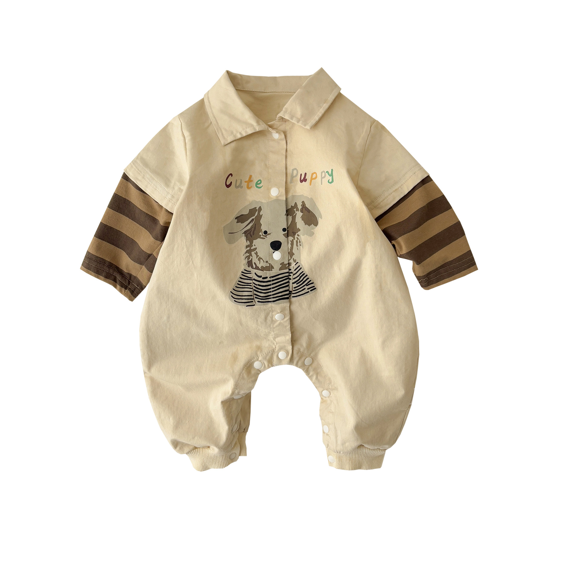 Primavera nuevo bebé mono hombre bebé estilo occidental solapa casual falso dos dibujos animados cachorro salir gateando