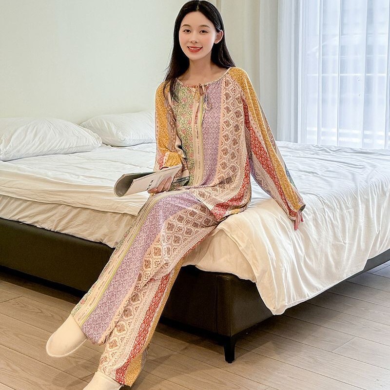 Cross-border Packing Spring and Summer Long-sleeved Trousers Women's Pajamas Loosen Bohemian Style Home Suit Two-piece Suit