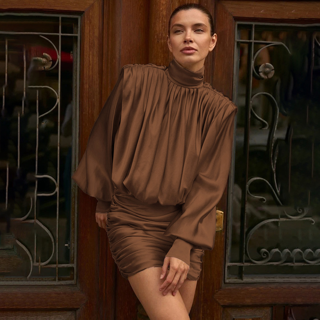 Autumn Winter High Collar Pleated Long Sleeve Solid Color Sheath Short Dress