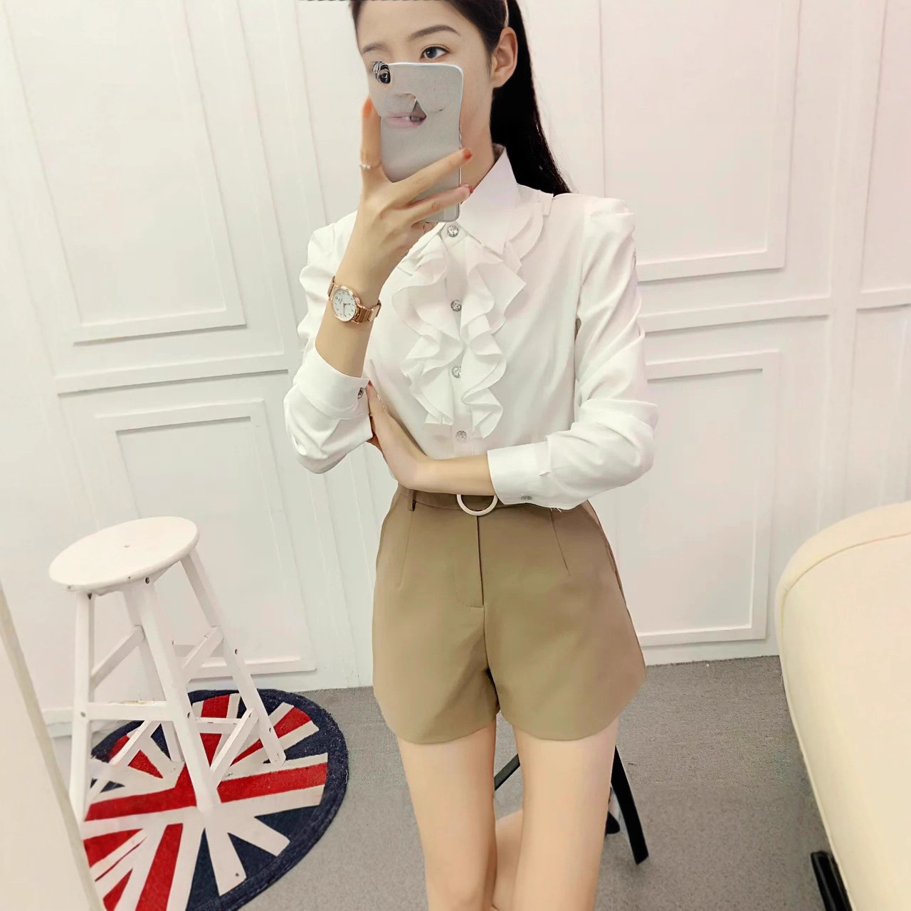 New Spring & Fall Casual Women's Shirt Long-Sleeved Korean Style Professional White-Collar Workwear Workwear Square Collar Lotus Leaf Lace Shirt