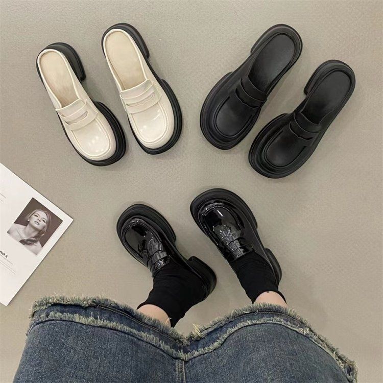 Round-Toe Height-Increasing Thick-Soled Closed-Toe Half Slippers for Women, Spring and Summer Leather Shoes, British Style Loafers