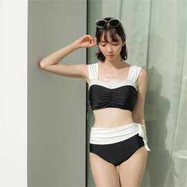 源头工厂韩版新款黑白拼接少女时尚吊带显瘦高腰温泉度假泳衣女