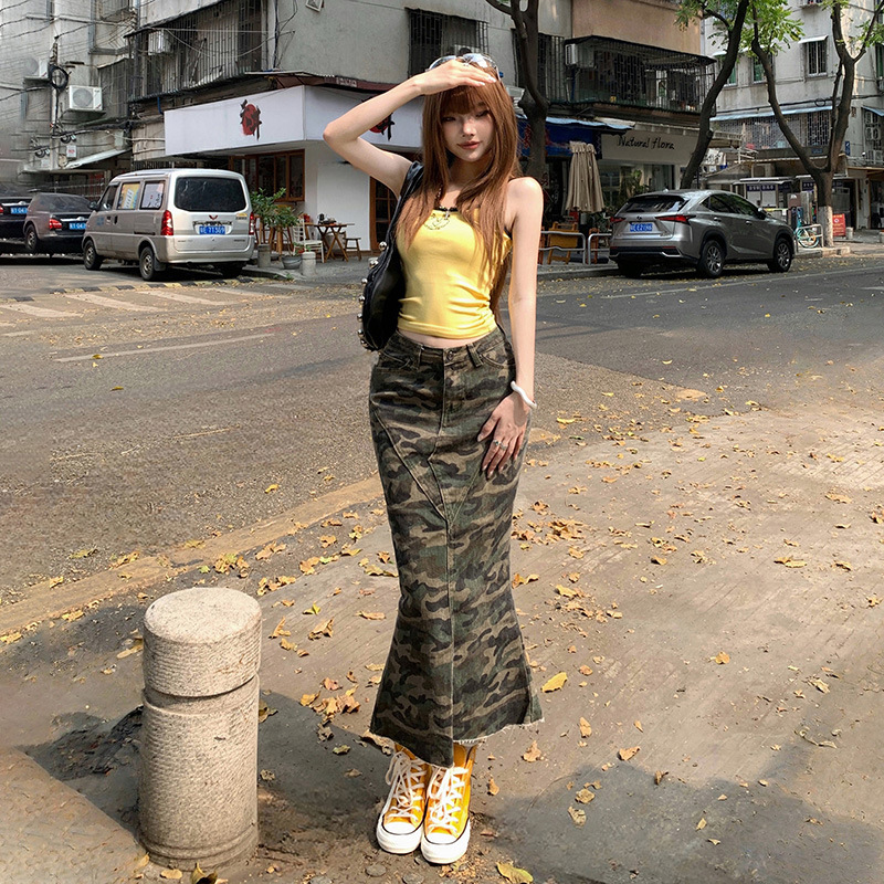 Young Orange# Niche Camouflage Irregular Design Denim Skirt Women's Slim-fit Slimming All-match Hip Fishtail Long Skirt