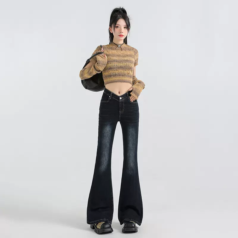 蓝灰色微喇牛仔裤女2024秋季新款高腰V型复古弹力修身显瘦马蹄裤