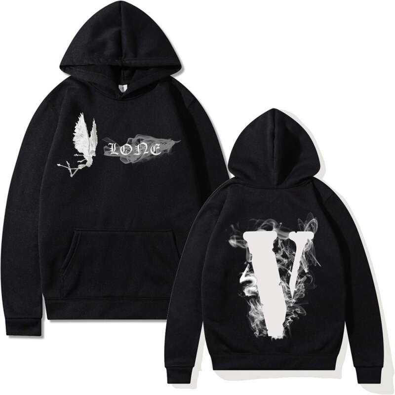 Cross-Border European and American Trendy Brand Vlone Letter Sweatshirt for Men and Women Loose Long-Sleeved Hip-Hop Back Big V Angel Smoke Hooded