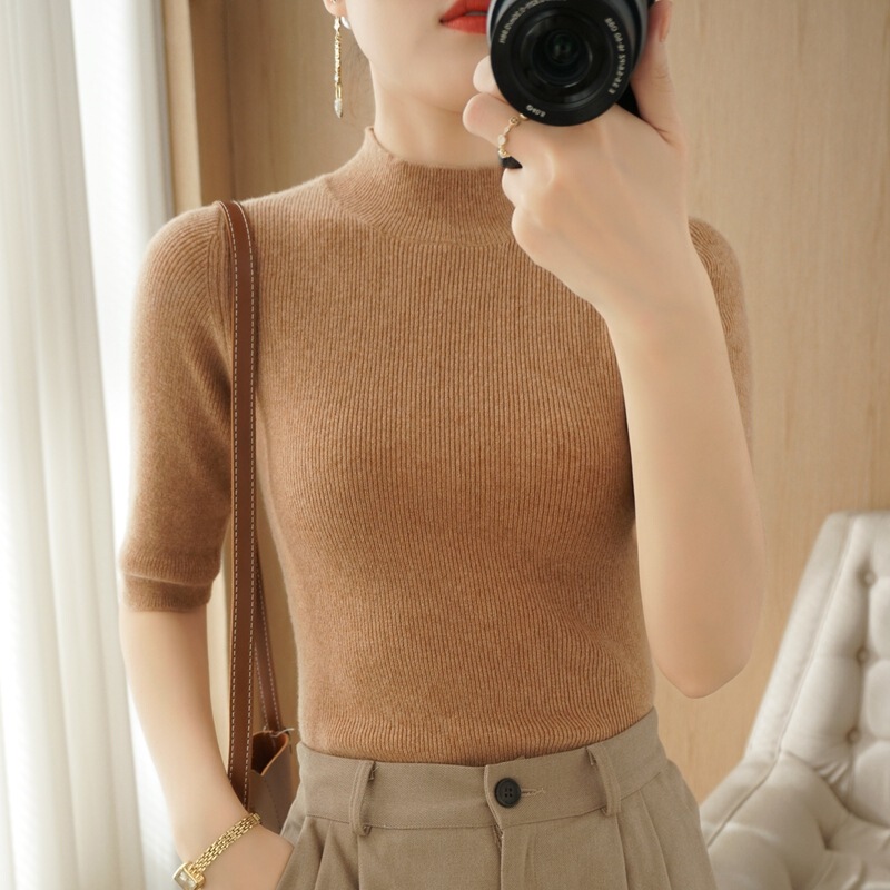 Wholesale Half Turtleneck Knitted Short-Sleeved Women's Thin Tight-Fitting Quarter-Sleeve 2025 Spring Slim Vest Sweater New Style