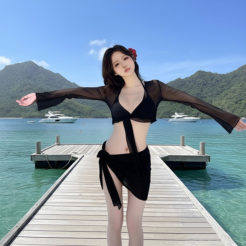 Bikini de Cuatro Piezas con Manga Larga de Poliéster con Protección Solar para Playa y Natación