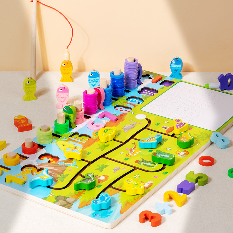 Tablero logarítmico para caminar multifuncional de madera para niños seis en uno divertido juego de dibujos animados modelado diseño juguetes educativos