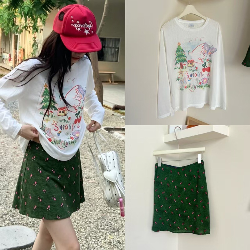 Korean-Style Dongdaemun Same-Style Painted Watermark Christmas Tree Long-Sleeve T-Shirt Sun Protection Shirt Pink Cherry Blossom Green Half Skirt Short Skirt