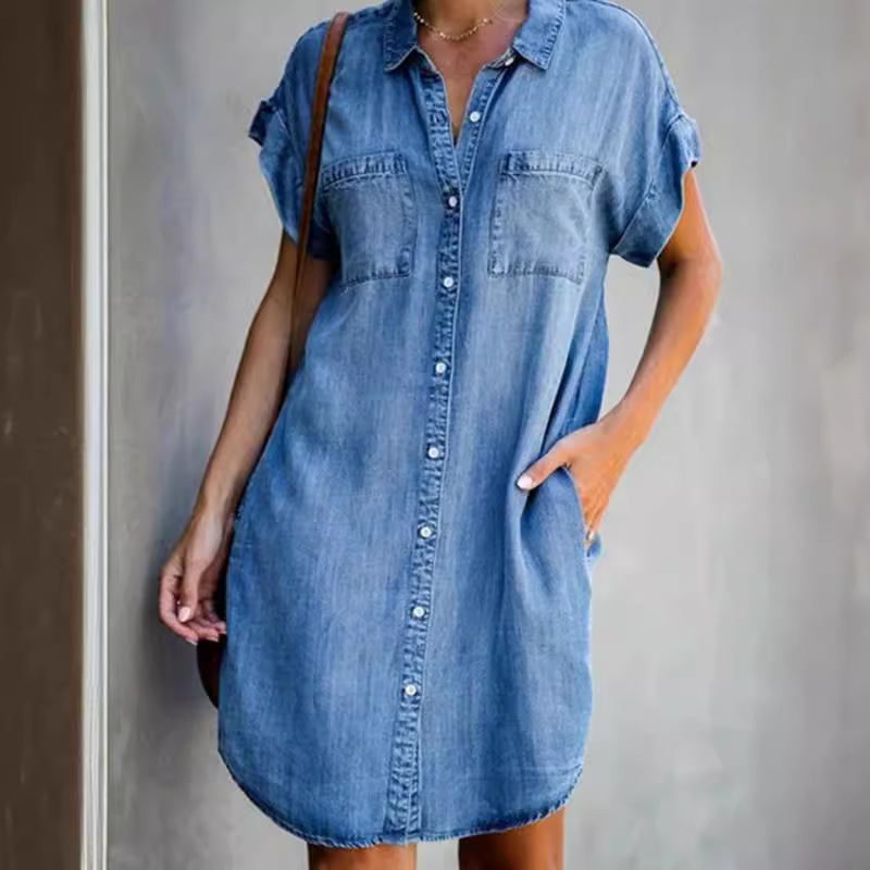 Independent Site Hot-Selling European and American Short-Sleeved Slim Denim Dress Mid-Length Skirt Independent Site Hot-Selling European and American Short-Sleeved Slim Denim Dress Mid-Length Skirt