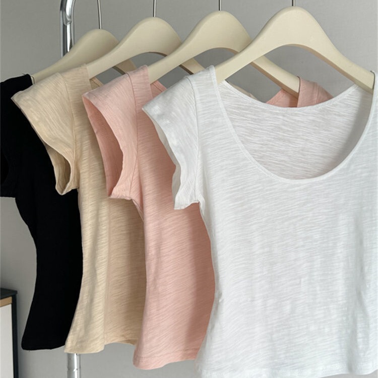 [32-Count Bamboo Cotton] Pink Short-Sleeved T-Shirt, Slim-Fitting Bottoming, Fashionable and Age-Reducing Short-Sleeved Top