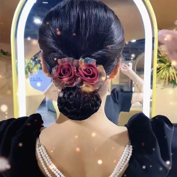 Rose double flower hair net spring hairpin female high-end temperament back Head Ball head plate hairpin net pocket middle-aged headdress flower