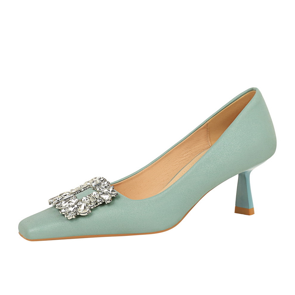 6183-K20 Korean Women's Shoes Wine Cup Heel High Heel Shallow Mouth Square Head Water Diamond Buckle Spring and Autumn New Single Shoes Women's High Heels
