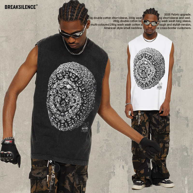 2025 Cross-border Kanye West Summer American-style High Street Vest T-shirt Cotton Heavy-weight Crewneck Vest for Men