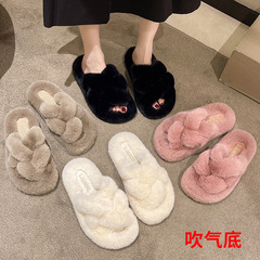 外貿大碼毛毛拖鞋女2023秋冬季新款韓版外穿交叉厚底露趾拖鞋批發