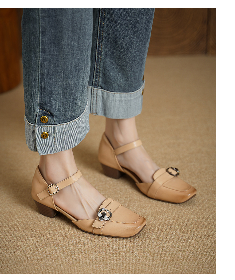Sandal nữ gót thấp 3,5 cm đầu vuông quai ngang có khóa, phong cách thanh lịch — màu trắng ngà chi tiết 8