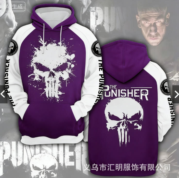 2026 Spring and Autumn New Punisher Skull Print Hooded Sweatshirt Cross-Border Marvel Hero Style Unisex Hoodie 2026 Spring and Autumn New Punisher Skull Print Hooded Sweatshirt Cross-Border Marvel Hero Style Unisex Hoodie