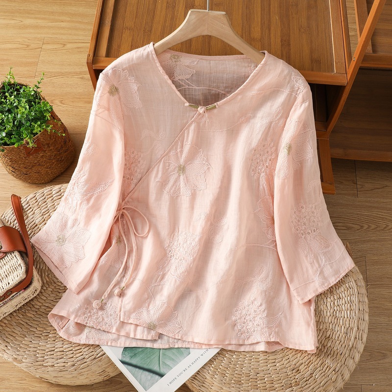新しい刺繍入りコットンとリネン混紡のミッドスリーブシャツ、レトロで芸術的なルーズで多用途な花柄の薄いトップ、女性用アプリコットピンク|undefined