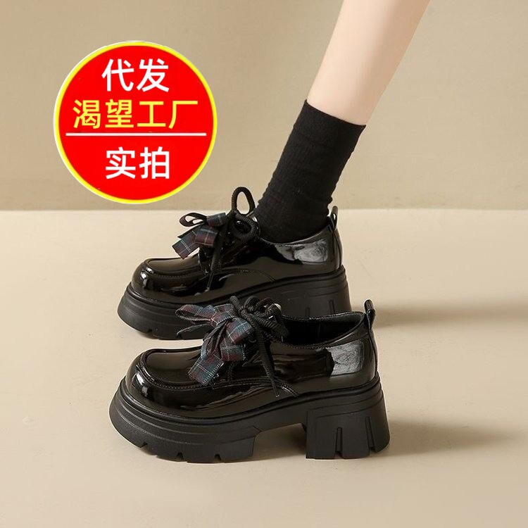 Daily Bow-Tie Black Leather Shoes for Women, 2026 Spring New Style, Height-Increasing Thick-Soled Loafers, College Style, Commuter Shoes Daily Bow-Tie Black Leather Shoes for Women, 2026 Spring New Style, Height-Increasing Thick-Soled Loafers, College Style, Commuter Shoes